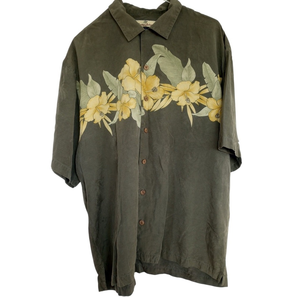 Tommy Bahama Mens Large Silk Camp Shirt Olive Green Yellow Hibiscus Floral Print